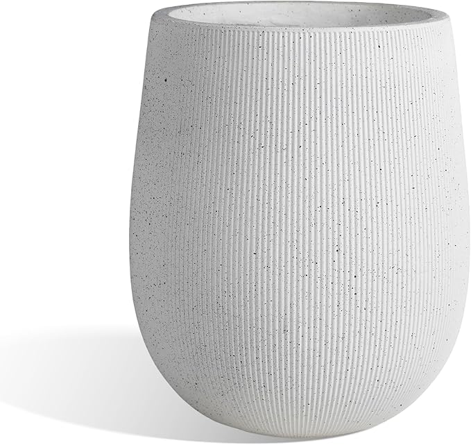Worth Garden White Large Round Planter, 9" Dia x 13" H Lightweight Magnesium Oxide Cement Plant Pot with a Striped Textured Finish, Raised Pattern Concrete Look, Drainage Hole, Indoor & Outdoor Use