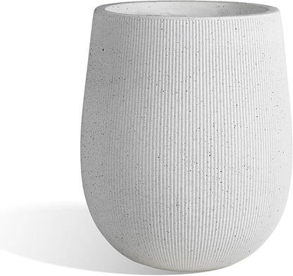 Worth Garden White Large Round Planter, 9" Dia x 13" H Lightweight Magnesium Oxide Cement Plant Pot with a Striped Textured Finish, Raised Pattern Concrete Look, Drainage Hole, Indoor & Outdoor Use