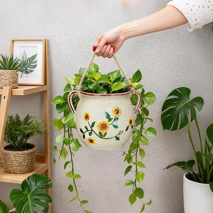 EFISPSS 6 Inch Vintage Ceramic Flower Pot with Relief Design & Handles,Ceramic Cracked Flower Pot with Drainage Hole for Indoor Plants,Tuscan Home Garden Decor (Living Room,Gift Ideas)