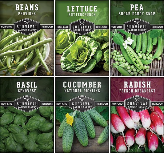 Survival Garden Seeds Kids' Easy Garden Collection - Cucumber, Radish, Beans, Peas, Lettuce, Basil Non-GMO Open Pollinated Seeds for Growing on The Homestead or in The Vegetable Garden