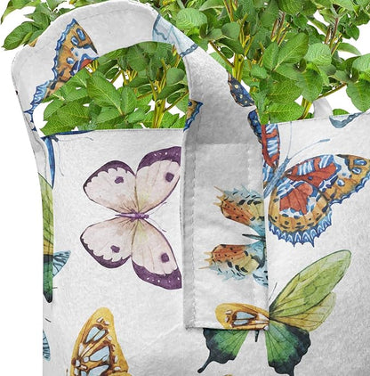 Ambesonne Butterfly Grow Bags 5-Pack, Watercolor Ethnic, Heavyduty Fabric Pots with Handles for Plants, Blue Yellow