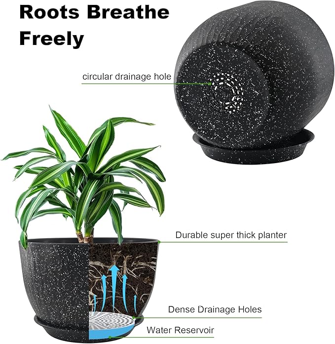 12/10/9 inch Plant Pots, 3 Pack Flower Pots for Outdoor Indoor Garden Plants, Large Planters with Multi Mesh Drainage Holes and Saucer (Speckled Black, 12"+10"+9")