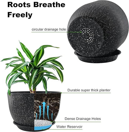 12/10/9 inch Plant Pots, 3 Pack Flower Pots for Outdoor Indoor Garden Plants, Large Planters with Multi Mesh Drainage Holes and Saucer (Speckled Black, 12"+10"+9")