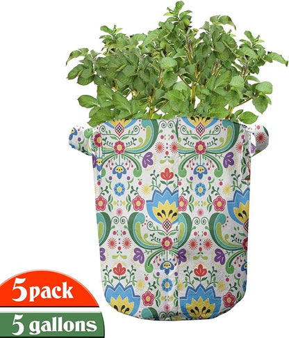Ambesonne Tropical Grow Bags 5-Pack, Rainforest Foliage Striped, Heavyduty Fabric Pots with Handles for Plants, Teal Grey