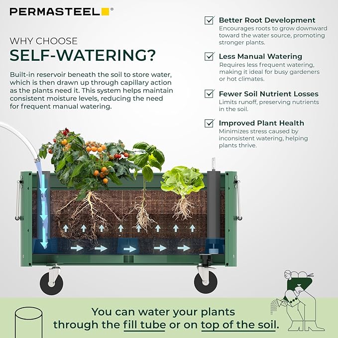 Permasteel Self-Watering Garden Bed, Rolling Planter for Vegetables, Flowers, Herbs, and Fruit, Outdoor Indoor, Caster Wheels, Sage
