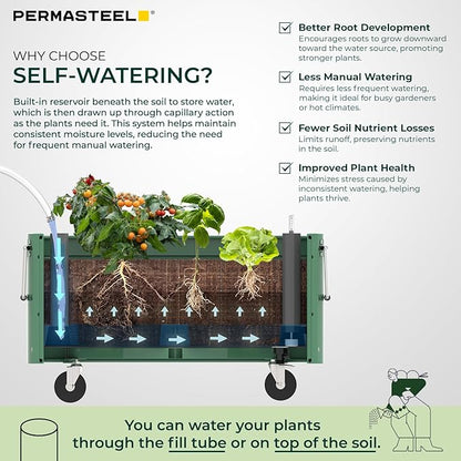 Permasteel Self-Watering Garden Bed, Rolling Planter for Vegetables, Flowers, Herbs, and Fruit, Outdoor Indoor, Caster Wheels, Sage