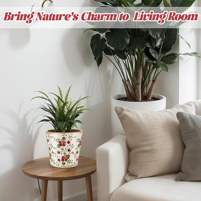 Farmhouse Ceramic Planter 5.5 Inch Large Plants Pot Crack Beige Red Rose Flowers Plant Pots with Drainage Hole Indoor Plants Kitchen Rustic Antique Decor Gift