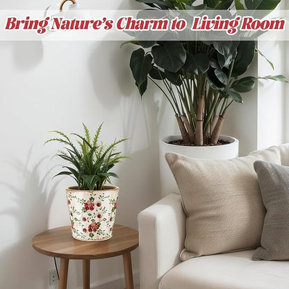 Farmhouse Ceramic Planter 5.5 Inch Large Plants Pot Crack Beige Red Rose Flowers Plant Pots with Drainage Hole Indoor Plants Kitchen Rustic Antique Decor Gift