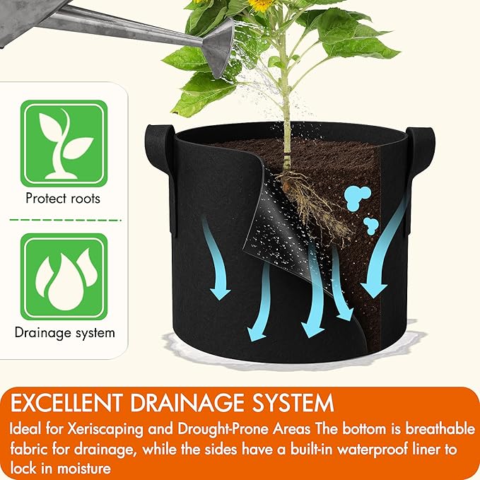 Gardzen 10 Gallon Grow Bags with Waterproof Liner, 500G Thick Nonwoven Fabric Pots, Cuts Watering by 50% in Hot Dry Climates, for Patio Balcony Use (6-Pack)
