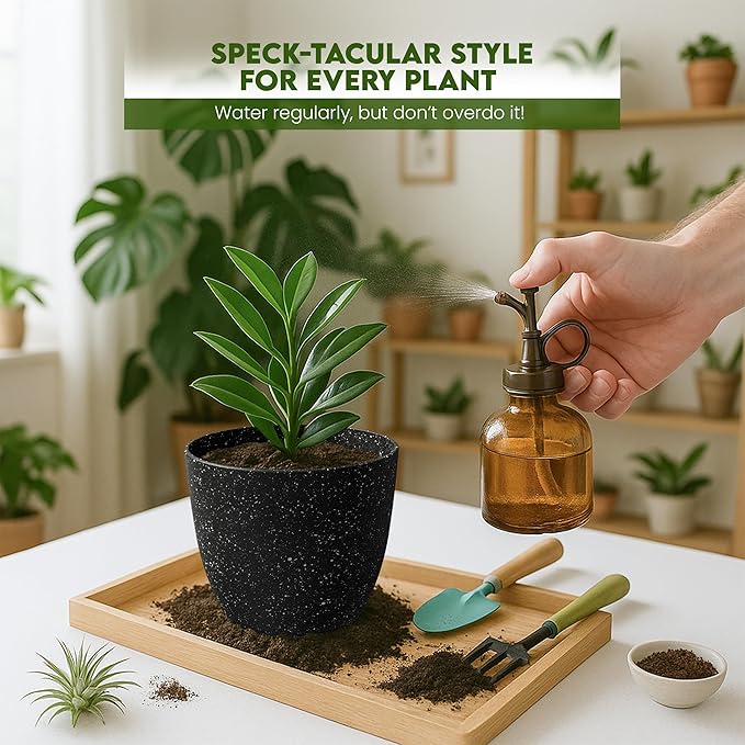 Utopia Home - Spotty Plant Pots Indoor with Drainage - 7/6.6/6/5.3/4.8 Inches Flower Pots - 5 Pack Plastic Planters - Ideal for Stocking Stuffers - (Speckled Black, Pack of 10)