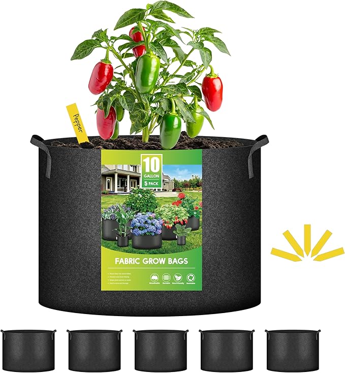 iPower 5-Pack 10 Gallon Plant Grow Bags Thickened Nonwoven Aeration Fabric Pots Heavy Duty Durable Container, Strap Handles for Garden, Black New