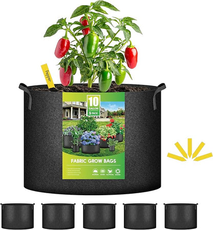 iPower 5-Pack 10 Gallon Plant Grow Bags Thickened Nonwoven Aeration Fabric Pots Heavy Duty Durable Container, Strap Handles for Garden, Black New