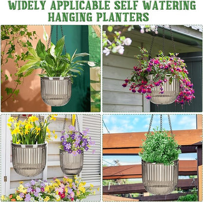 Maxcheck 4 Pcs Self Watering Hanging Planters Indoor Gift 6.5'' 4.5'' Hanging Flower Pots Baskets Outdoor Self Watering Plant with 3hooks Drainage Holes for Home(Gray)