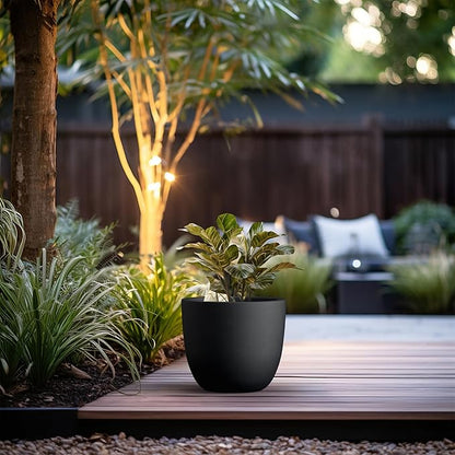 Kante 14 Inch Dia Round Concrete Planter, Indoor Outdoor Large Plant Pot with Drainage Hole and Rubber Plug for Home Patio Garden, Black