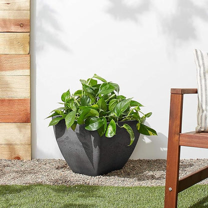 PSW Pot Collection 16x13 inch Plastic/Stone/Wood Composite Square Planter – No Drainage Hole (Drillable), Modern Indoor/Outer Pot for Flowers, Foliage, Succulents, Fairy Gardens, Dark Charcoal