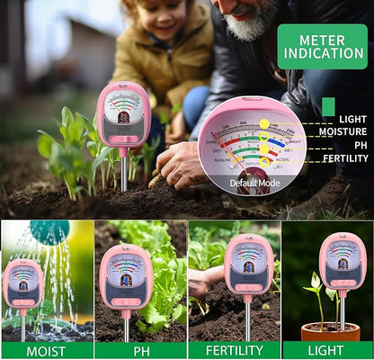 HSLGOVE 4-in-1 Moisture Meter for Plants，Soil Test Kit – Soil Moisture Meter, pH, Fertility & Sun-Light, Large Dial Soil Tester for Indoor & Outdoor Gardening, Lawn, Farm –Baby Pink