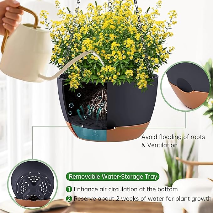 Hanging Planters for Indoor Plants, Set of 2 8/10 Inch Self-Watering Hanging Pots with Drainage Hole & Removable Water-Storage Tray II Screw-in Hooks II
