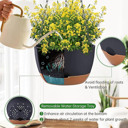 Hanging Planters for Indoor Plants, Set of 2 8/10 Inch Self-Watering Hanging Pots with Drainage Hole & Removable Water-Storage Tray II Screw-in Hooks II