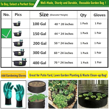 150 Gallon Big Raised Garden Bed Bag (44x24 inch) Large Plant Grow Bag for Potato,Tomato Planter,Herbs Veggies Planter,Flower Bed,Plant Container,Yard Waste,Lawn Debris,Leaf Bag with Gardening Gloves
