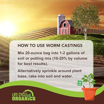 20 oz 100% Organic Worm Castings – Natural Superfood for Plant Growth, Root Development & Growing Healthier, Stronger Crops – Non Toxic & Kind to Soil – Resealable Zip Pouch – Life Cycle Organics
