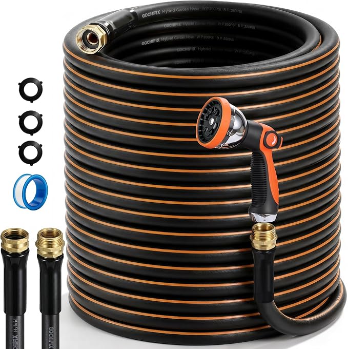Garden Hose, 75ft 5/8" Heavy Duty Rubber Water Hose w/ 10-Mode Spray Nozzle, 550 PSI Burst, 360° Anti-Kink Swivel Connectors, All-Weather Flexible, Leakproof 3/4" Brass Male to Female Fittings
