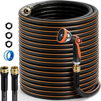 Garden Hose, 75ft 5/8" Heavy Duty Rubber Water Hose w/ 10-Mode Spray Nozzle, 550 PSI Burst, 360° Anti-Kink Swivel Connectors, All-Weather Flexible, Leakproof 3/4" Brass Male to Female Fittings