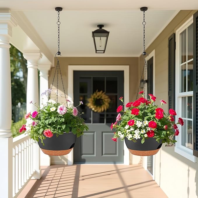 2 Pack 12 Inch Self Watering Hanging Planters for Indoor Plants, Large Black Brown Plastic Hanging Pots with Chains for Outdoor Patio Garden Home Decor Black Brown