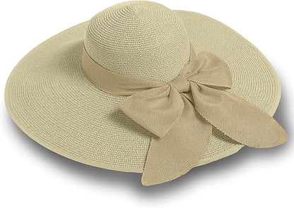 Women's Wide Brim UPF 50+ Straw Sun Hat with Bow - Foldable Packable Summer Beach Hat with Chin Strap