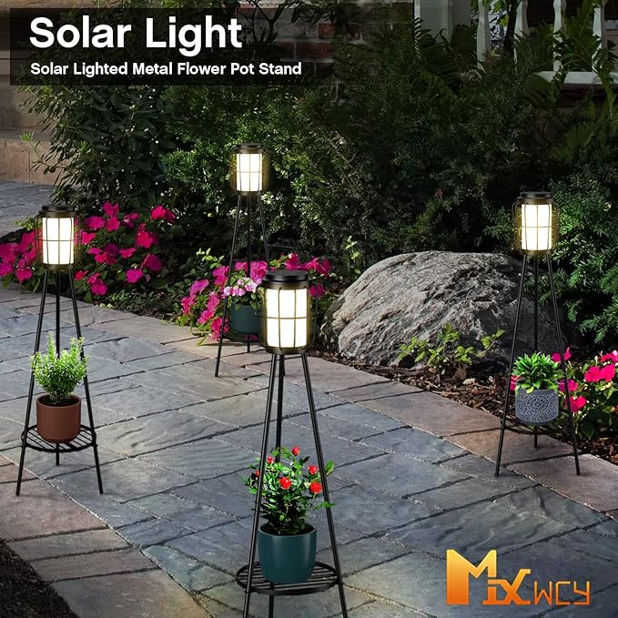 MXwcy 2 Pack Solar Lights Outdoor with Plant Stands - Solar Floor Lamp & Street Lights with Metal Tripod - Patio Decor for Garden, Yard, Pathway, Driveway, Porch