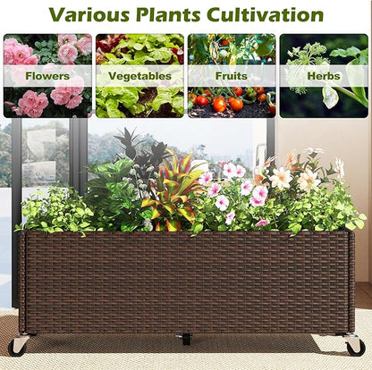 Giantex Set of 2 Wicker Raised Garden Bed with Wheels, 38”x12”x14”, Rectangular Garden Planter Box w/PE Rattan, Liner Fabric, Wicker Patio Elevated Raised Bed for Vegetable Flower Herb Porch Balcony