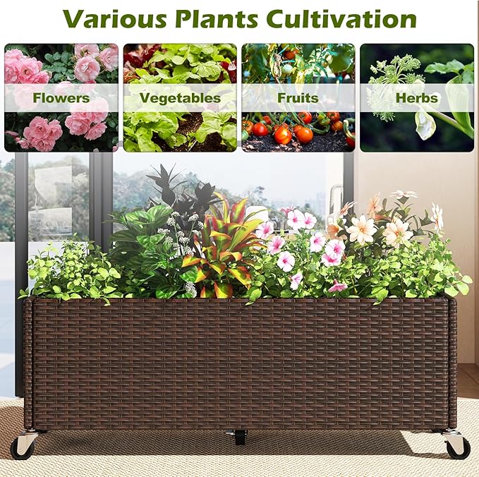 Giantex Wicker Raised Garden Bed with Wheels, 38”x12”x14”, Rectangular Garden Planter Box w/PE Rattan, Liner Fabric, Wicker Patio Elevated Raised Bed for Vegetable Flower Herb Porch Balcony