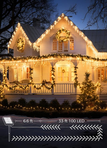 Solar String Lights Outdoor, 39FT 100LED Solar Powered Lights IP65 Waterproof with 8 Lighting Modes for Party Garden Yard Home Holiday Tree Decoration Lighting, Warm White
