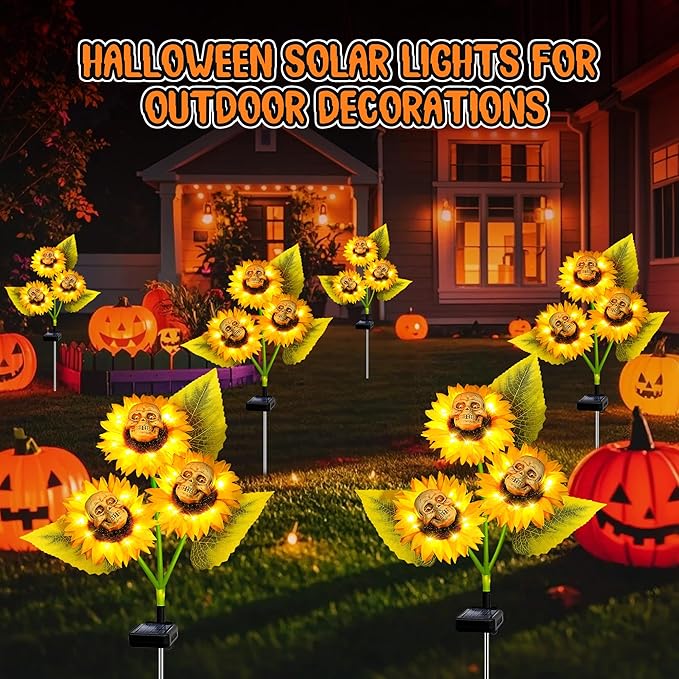 Halloween Decorations Outdoor, 4 Pack Solar Scary Skull Sunflowers Lights,Waterproof Solar Flowers Lights Garden Decor for Halloween Yard Patio Lawn Party Decor