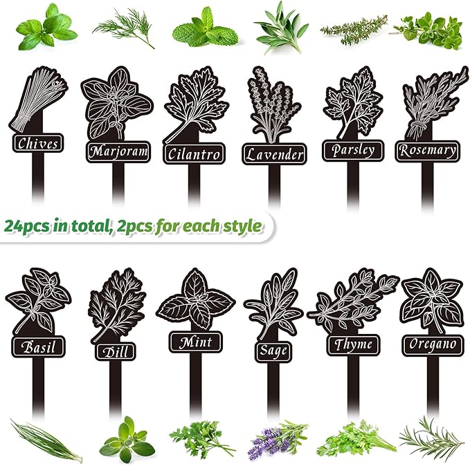 Whaline 24Pcs Herb Plant Label Signs 12 Styles Garden Herb Markers Waterproof Black Acrylic Plant Stake Tags with Names for Nursery Indoor Outdoor Garden Decor