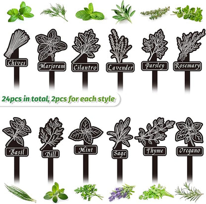 Whaline 24Pcs Herb Plant Label Signs 12 Styles Garden Herb Markers Waterproof Black Acrylic Plant Stake Tags with Names for Nursery Indoor Outdoor Garden Decor