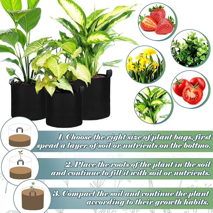 Hoolerry 7 Pack Black Plant Grow Bags Thickened Non Woven Grow Bags in 4 Sizes 10, 7, 5 and 3 Gallons Aeration Fabric Pots with Handles