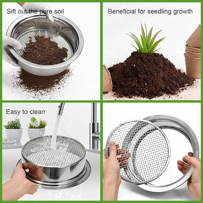 Soil Sieve Stainless Steel Riddle Sieve Set, 9.5" Diameter, Garden Sifter with 5 Filter Mesh Sizes 1,3,5,9,12mm and Bonsai Soil Scoops Gardening Tool