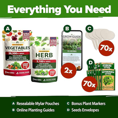 HOME GROWN 70 Variety Vegetable & Herb Seeds 32,000+ USA Non-GMO Heirloom Survival Seeds Garden Kit for Spring, Fall, Winter Indoor & Outdoor Planting Starter Set for Home Gardeners & Preppers