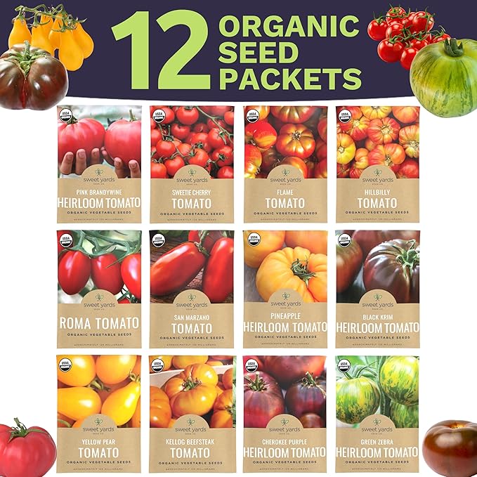 Organic Tomato Seeds Variety Pack - 12 Individual Packs - 2026 Season - Roma, Cherry, Black Krim, Yellow Pear, Pineapple and More! for Indoor & Outdoor Planting (Non-GMO, Certified Organic)