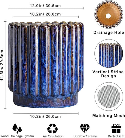 12 Inch Pots for Plants - Ceramic Planter Indoor Outdoor, Large Ceramic Flower Pots with Drainage Hole, Fluted Modern Round Planter, Living Room Home Decor, Gifts for Plant Lovers, Blue