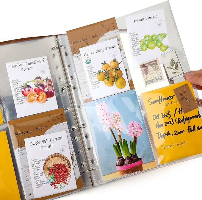 Seed Packet Organizer Binder, Garden Planner Packet with 25 Pack Clear Pocket Sleeves(Slot 3.9" x 5.5") 50Pcs Seed Storage Envelopes, Fit for Standard Seed Packets