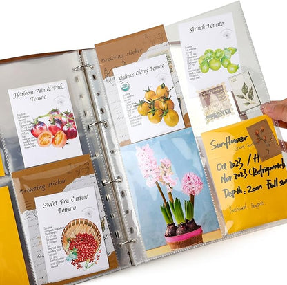 Seed Packet Organizer Binder, Garden Planner Packet with 25 Pack Clear Pocket Sleeves(Slot 3.9" x 5.5") 50Pcs Seed Storage Envelopes, Fit for Standard Seed Packets