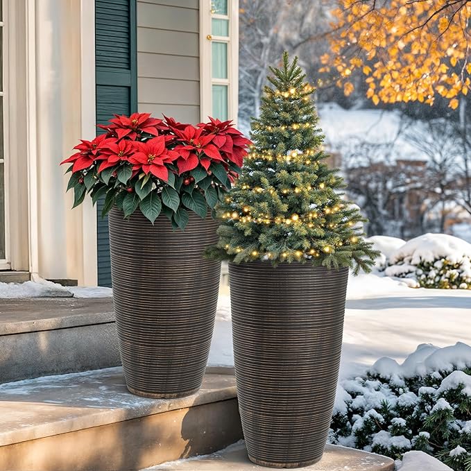 23.5"H Tall Pot Planters, 2-Pack Taper Large Flower Pots for Indoor Outdoor Use, UV-Protect PP Plant Container for Garden Patio Yard Balcony Porch or Home Decor, Bronze Vertical Stripes Texture