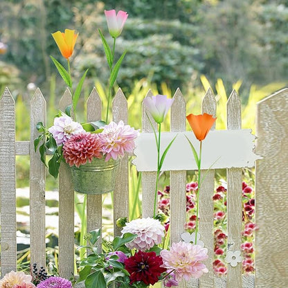 4Pcs Metal Flower Garden Stakes, 16.25" H Rustic Tulips Yard Stake Decorative Spring Outdoor Garden Decor Planter Flower Pot Metal Flower Stick for Patio,Lawn,Yard,Pathway (Tulips)