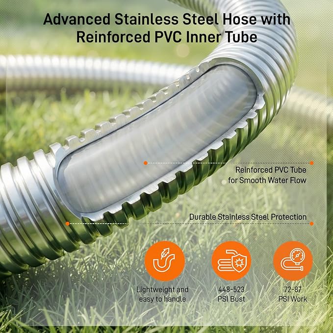 Garden Hose, 25ft 5/8" Stainless Steel Water Hose w/ 10-Mode Spray Nozzle, On/Off Valve, 523 PSI Burst, Anti-Kink, Lightweight All-Weather Flexible, Leakproof 3/4" Brass Male to Female Fittings