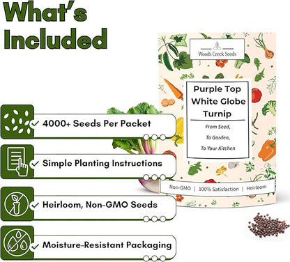 Purple Top White Globe Turnip Seeds for Planting – Heirloom, Non-GMO Turnip Seeds for Fall & Spring Gardens, Classic Mild Turnips with Edible Greens | Woods Creek Seeds