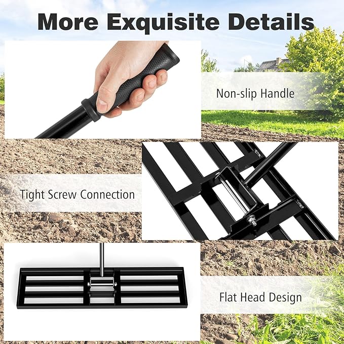 36" x 10" Lawn Leveling Rake, Heavy Duty Landscape Rake with 67" Handle, Non-Slip Grip & Flat Head, Space-Saving Lawn Level Tool for Garden, Backyard, Golf Course & Sports Field(Black)
