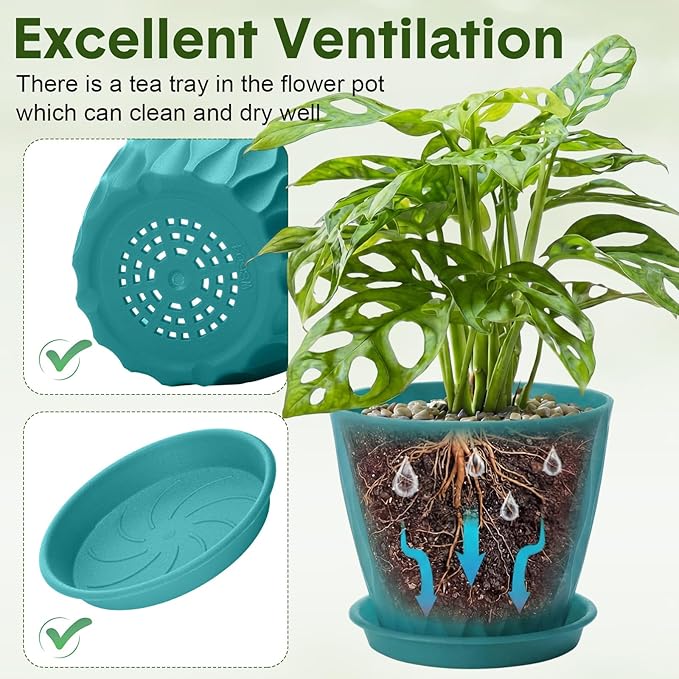 24 Pack 4 Inch Plant Pots Bulk Small Pots for Succulents Waffle Texture Plastic Planter with Drainage Holes and Saucers for Indoor Outdoor Plants Flowers, Seedlings (Lake Green)