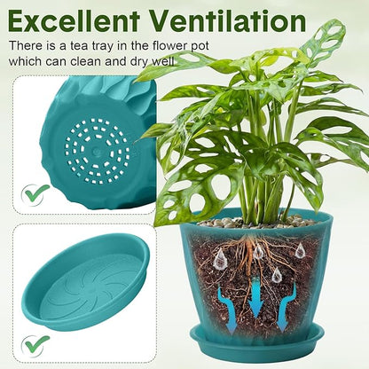 24 Pack 4 Inch Plant Pots Bulk Small Pots for Succulents Waffle Texture Plastic Planter with Drainage Holes and Saucers for Indoor Outdoor Plants Flowers, Seedlings (Lake Green)