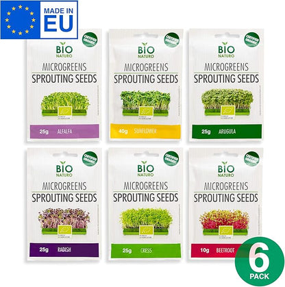 Organic Microgreen Sprouting Seeds 6-Pack – Non-GMO Heirloom Microgreens Seed Variety Pack – Sunflower, Alfalfa, Arugula, Beetroot, Radish, Cress – Fast Growing Indoor Garden Superfood